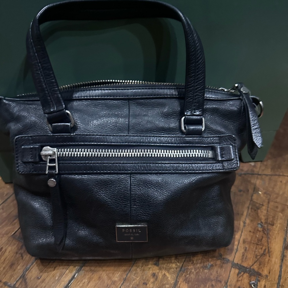 Fossil Black Leather Tote with Silver Accents
